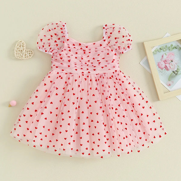 The Tiny Red Hearts Pink Dress for Little Girls