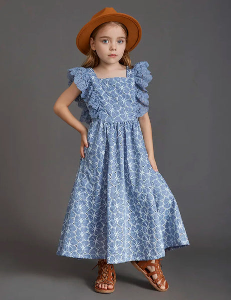 The Valetta Ruffle Sleeve Blue Floral Dress for Girls & Tweens