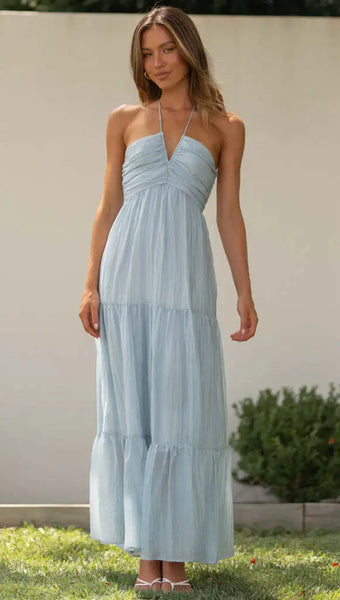The Eden Chiffon Halter V-Neck Flowy A-Line Maxi Dress