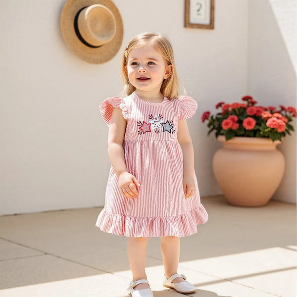 Flutter-sleeve Seersucker Liberty Dress for Little Girls