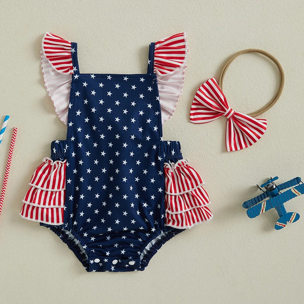 Stars, Stripes, & Ruffles Romper + Headband for Baby Girls