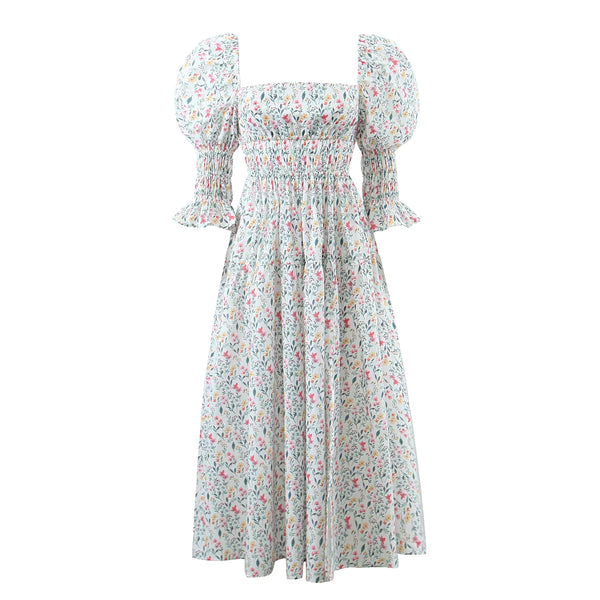 The Hannah Open-Back Puff Sleeve Floral Midi Dress for Women