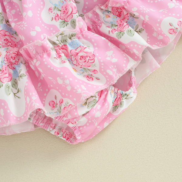 Tea Time Pink Princess Puff Sleeve Romper Dress for Baby Girls