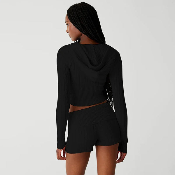 Chase Cable Knit Sweater Crop Hoody & Matching Shorts Lounge Set