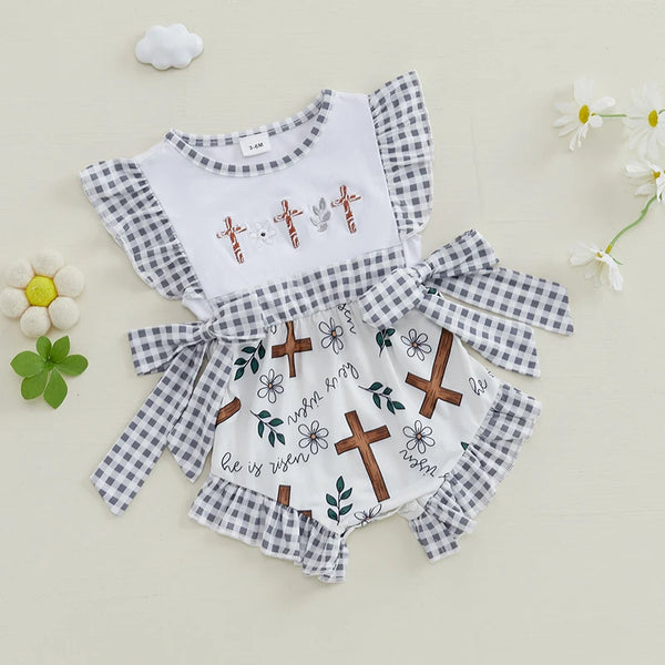 He Is Risen Black White Gingham Romper