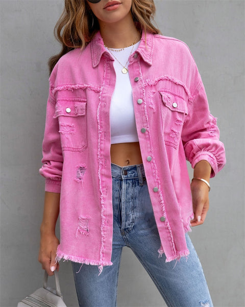Women's Denim Raw-Edge Shacket