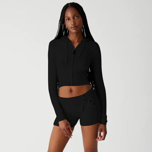 Chase Cable Knit Sweater Crop Hoody & Matching Shorts Lounge Set