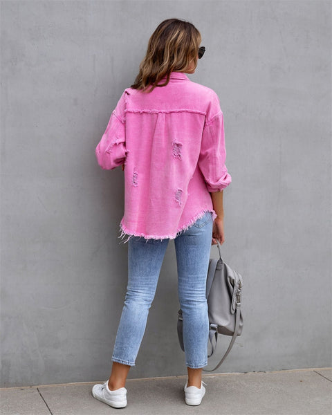 Women's Denim Raw-Edge Shacket