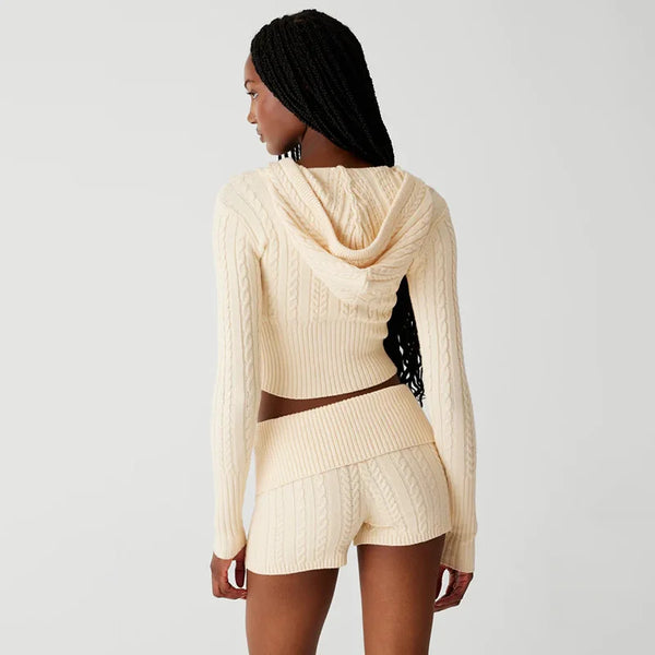Chase Cable Knit Sweater Crop Hoody & Matching Shorts Lounge Set