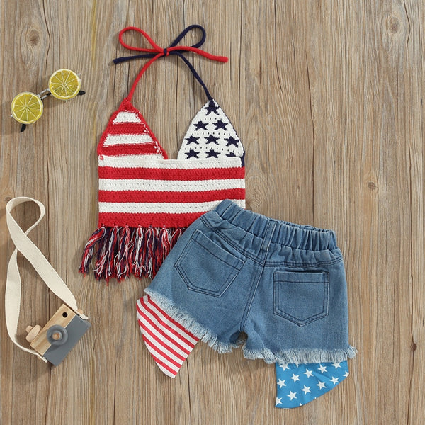 The Eden Little Girls' Crochet American flag tank and Denim Shorts Set