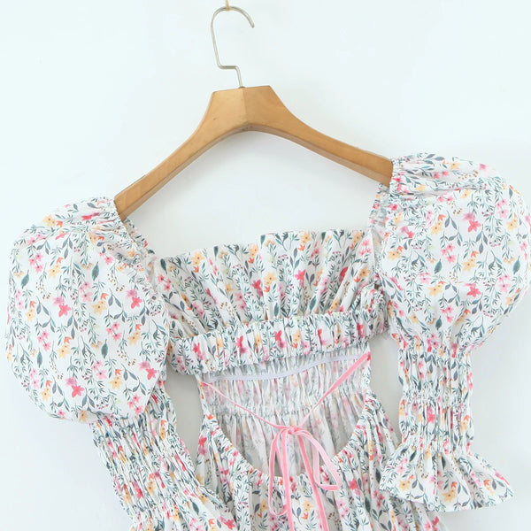 The Hannah Open-Back Puff Sleeve Floral Midi Dress for Women