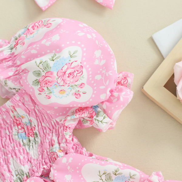 Tea Time Pink Princess Puff Sleeve Romper Dress for Baby Girls