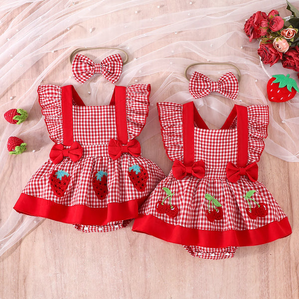 Izzy Cute Fruit Red Gingham Romper Dress for Baby Girls
