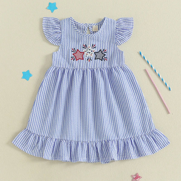 Flutter-sleeve Seersucker Liberty Dress for Little Girls