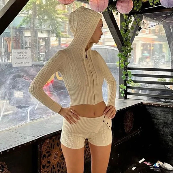 Chase Cable Knit Sweater Crop Hoody & Matching Shorts Lounge Set