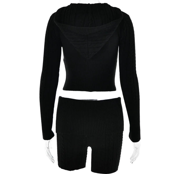 Chase Cable Knit Sweater Crop Hoody & Matching Shorts Lounge Set