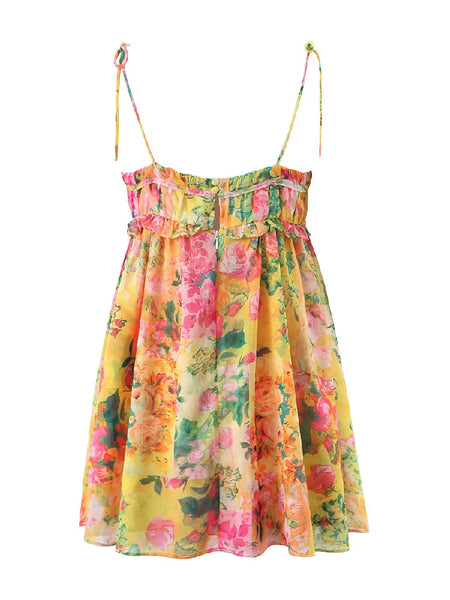 The Golden Yellow Boho Floral Tie Beach Mini Dress for Women
