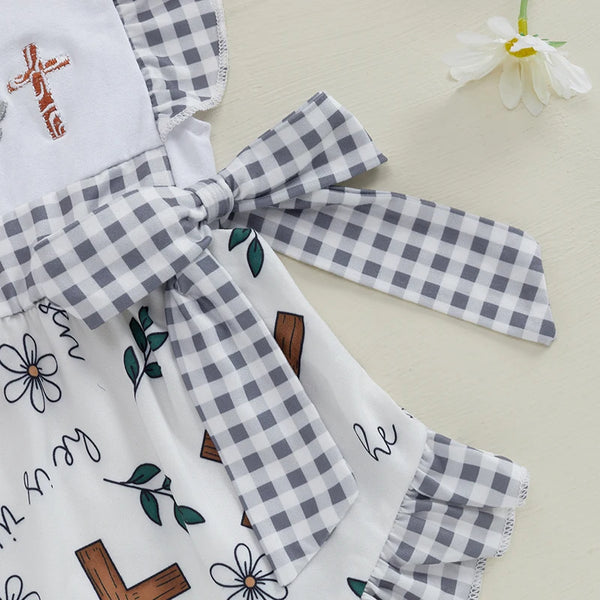 He Is Risen Black White Gingham Romper