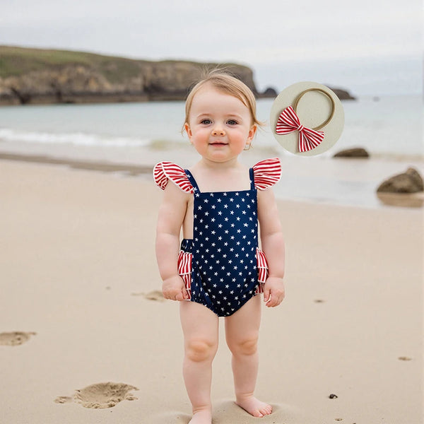 Stars, Stripes, & Ruffles Romper + Headband for Baby Girls