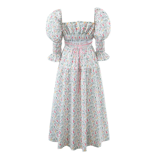 The Hannah Open-Back Puff Sleeve Floral Midi Dress for Women