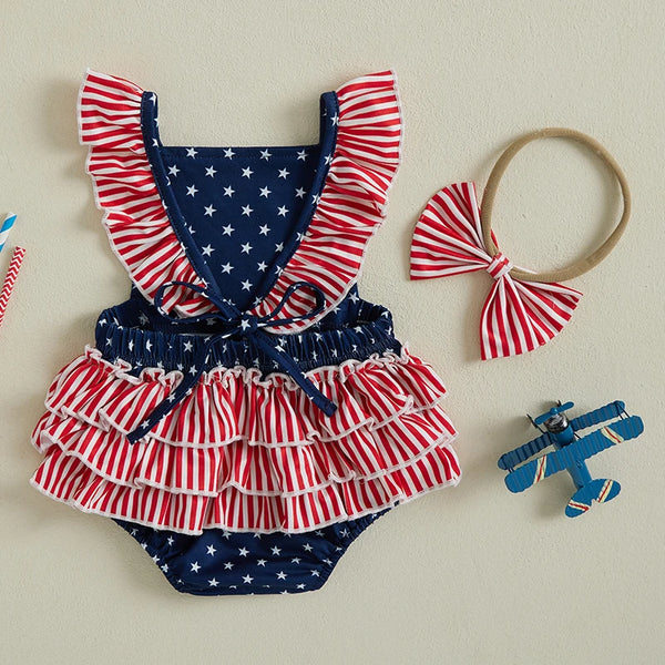 Stars, Stripes, & Ruffles Romper + Headband for Baby Girls
