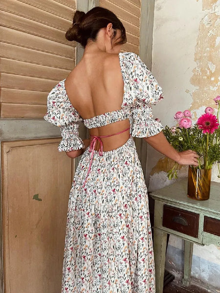 The Hannah Open-Back Puff Sleeve Floral Midi Dress for Women