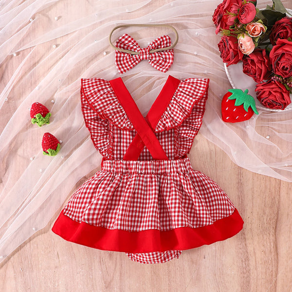 Izzy Cute Fruit Red Gingham Romper Dress for Baby Girls