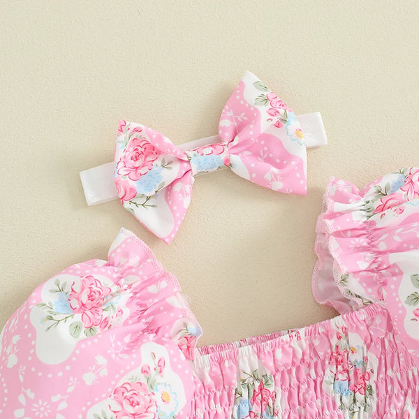 Tea Time Pink Princess Puff Sleeve Romper Dress for Baby Girls