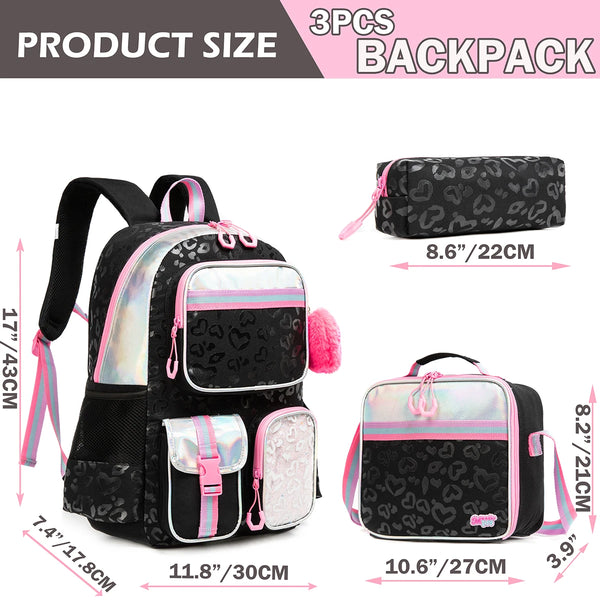 Girls Black W/ Silver Accents Leopard Print Backpack Set