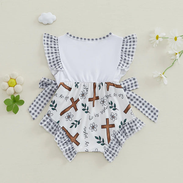 He Is Risen Black White Gingham Romper