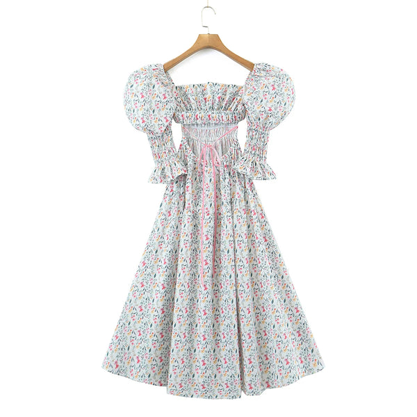 The Hannah Open-Back Puff Sleeve Floral Midi Dress for Women