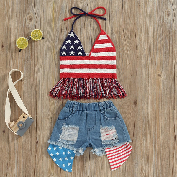The Eden Little Girls' Crochet American flag tank and Denim Shorts Set