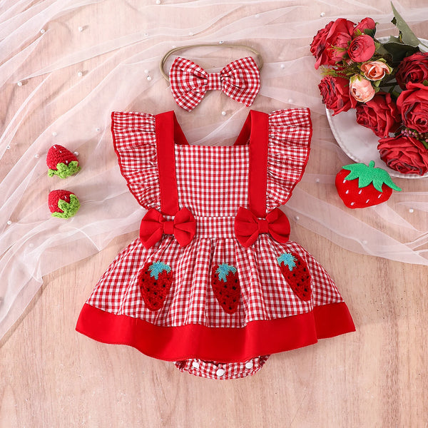 Izzy Cute Fruit Red Gingham Romper Dress for Baby Girls