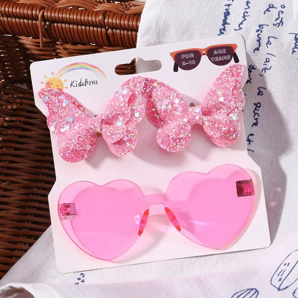 Evelyn Heart Shaped Sunglasses & Butterfly Clip Set for Little Girls