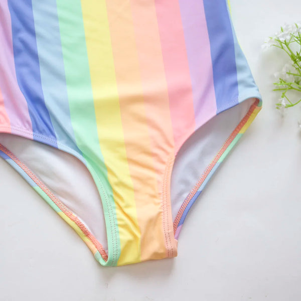 The Puff-Sleeve Rainbow Stripe One-Piece for Girls