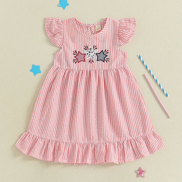 Flutter-sleeve Seersucker Liberty Dress for Little Girls