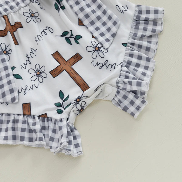 He Is Risen Black White Gingham Romper