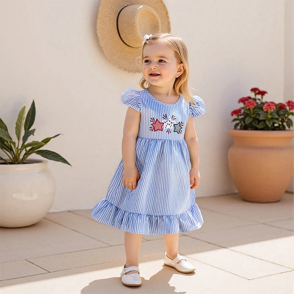 Flutter-sleeve Seersucker Liberty Dress for Little Girls