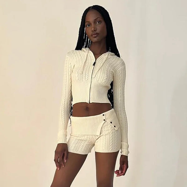 Chase Cable Knit Sweater Crop Hoody & Matching Shorts Lounge Set