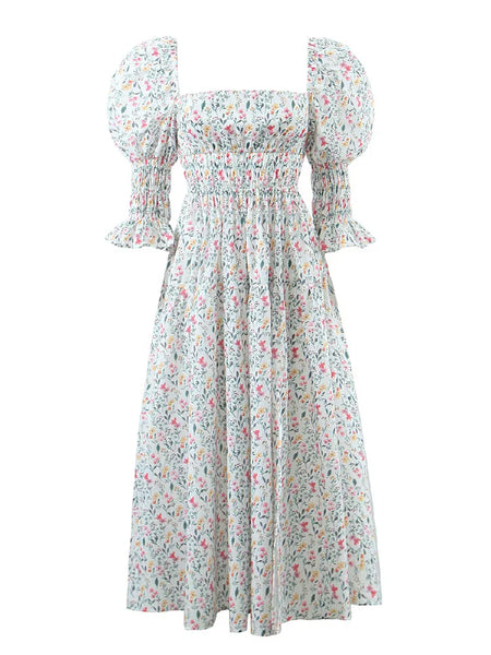 The Hannah Open-Back Puff Sleeve Floral Midi Dress for Women