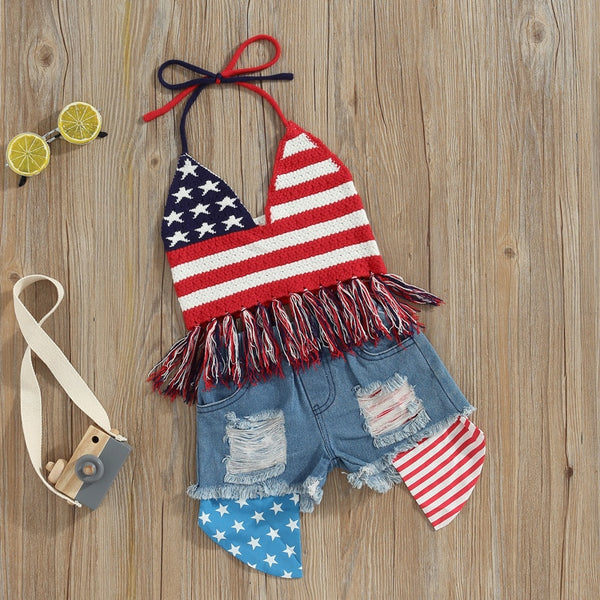 The Eden Little Girls' Crochet American flag tank and Denim Shorts Set