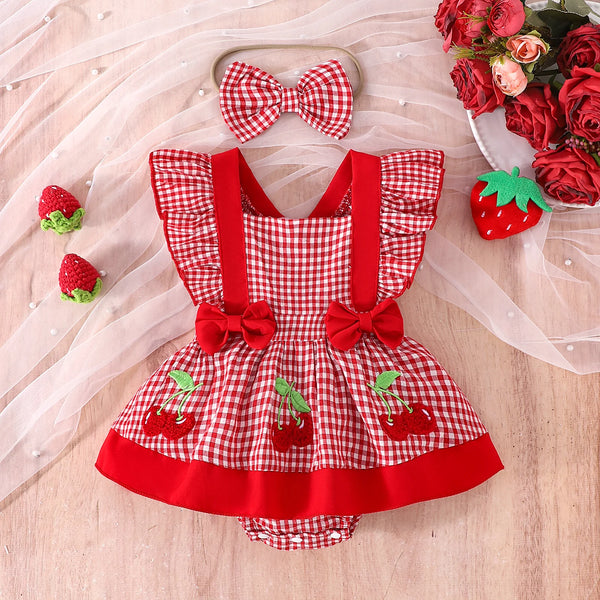Izzy Cute Fruit Red Gingham Romper Dress for Baby Girls