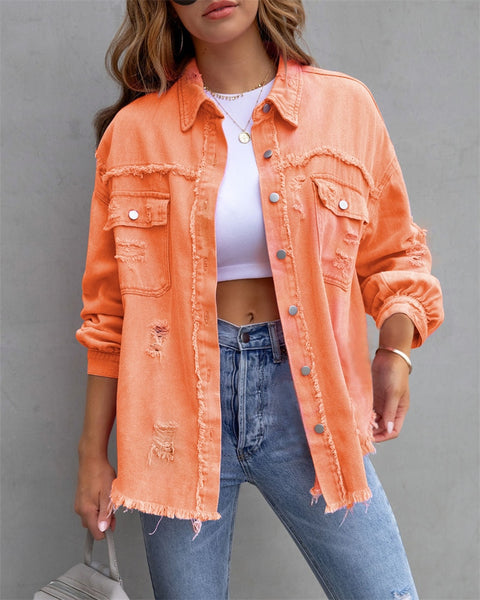 Women's Denim Raw-Edge Shacket