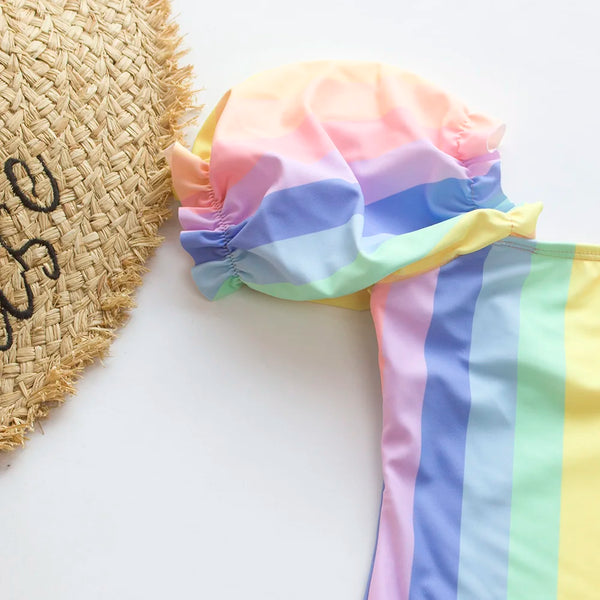 The Puff-Sleeve Rainbow Stripe One-Piece for Girls