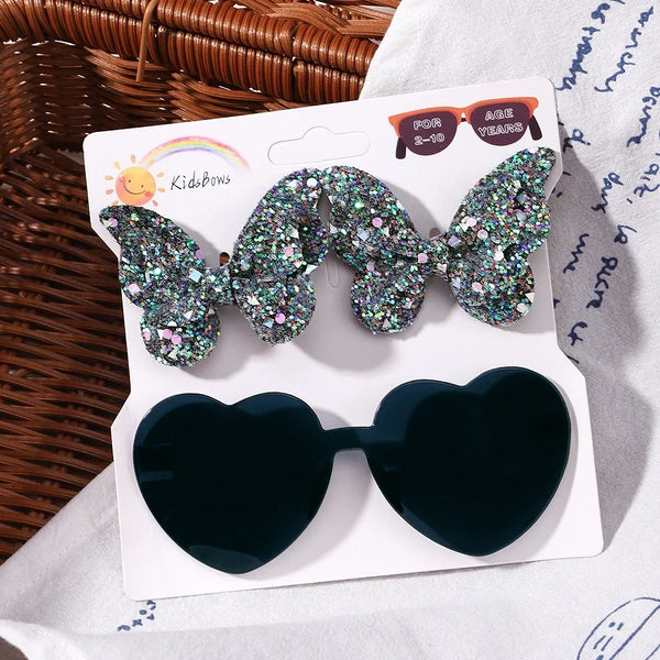Evelyn Heart Shaped Sunglasses & Butterfly Clip Set for Little Girls