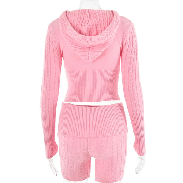 Chase Cable Knit Sweater Crop Hoody & Matching Shorts Lounge Set