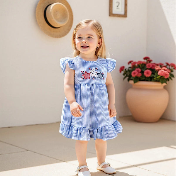 Flutter-sleeve Seersucker Liberty Dress for Little Girls