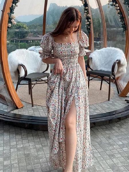 The Hannah Open-Back Puff Sleeve Floral Midi Dress for Women