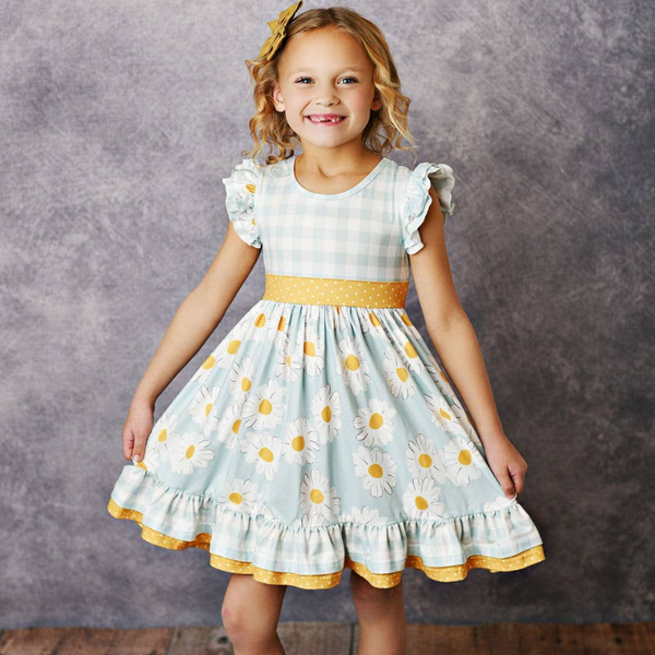 Gingham Check Daisy Ruffle Twirl Spring Dress
