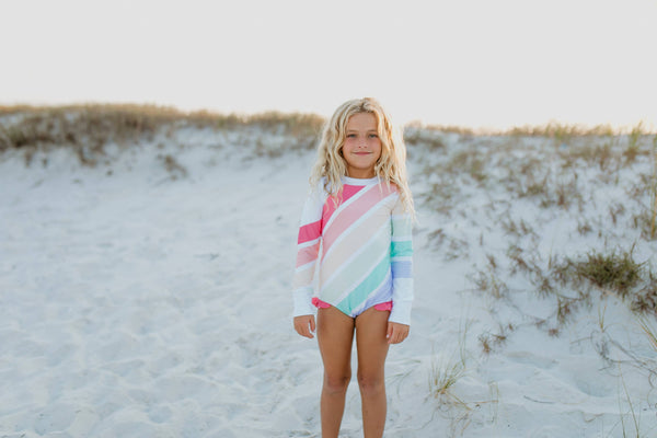 Pastel Rainbow Stripe Zip Rash Guard One Piece Swimsuit